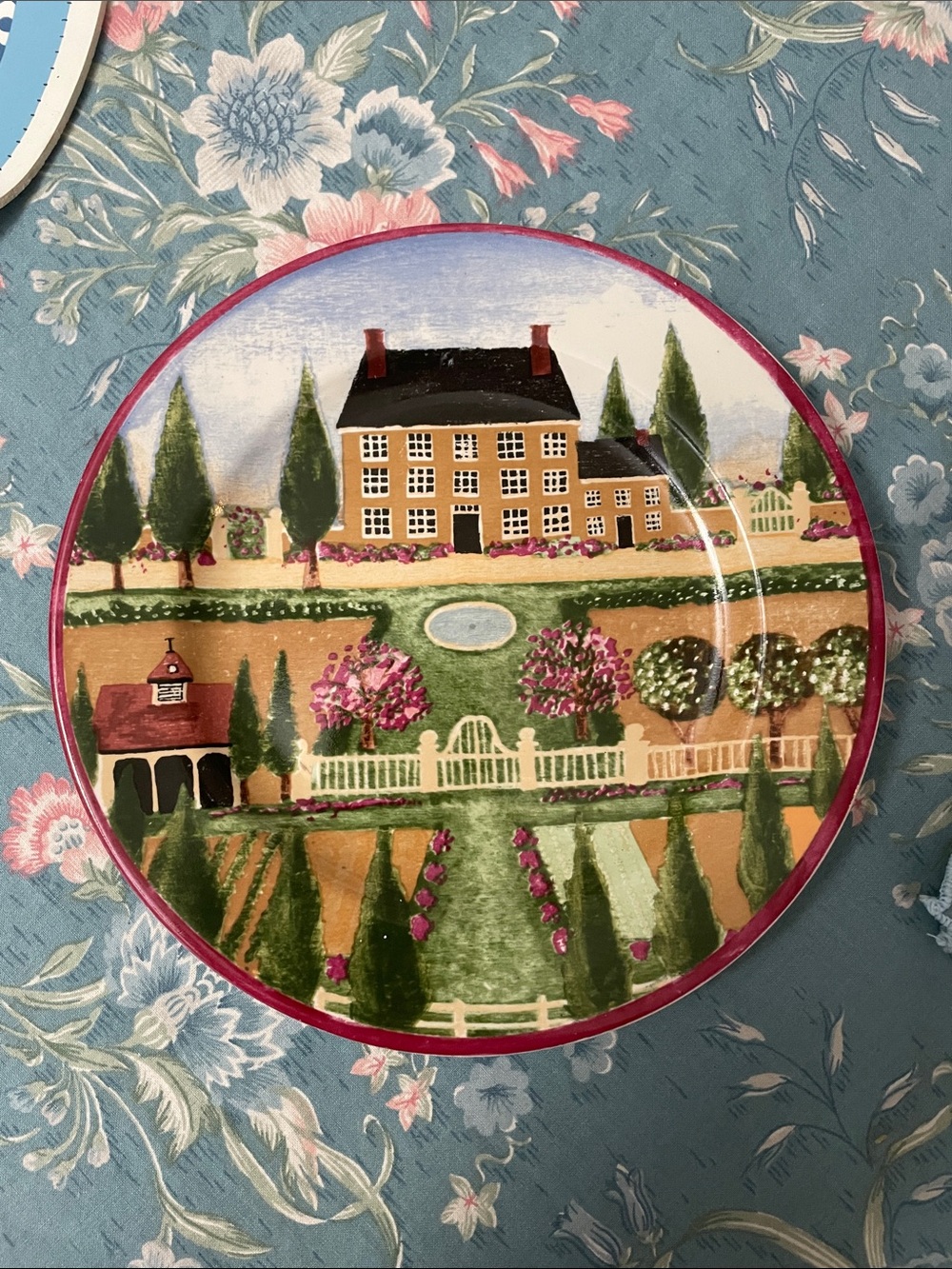 Vintage Scenic Garden Decorative Plate with Pink Trim Country Villahe by Gear